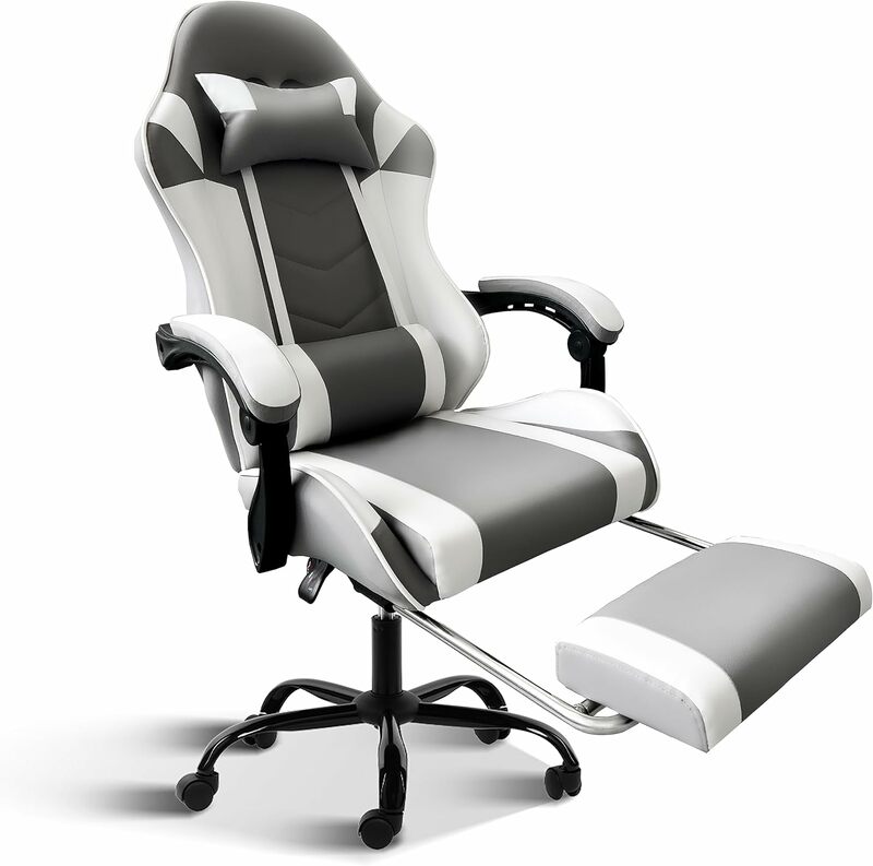 كرسي ألعاب مريح قابل للتعديل مع مسند رأس ودعم أسفل الظهر ، أبيض كبير وطويل القامة ، نمط السباق ، كرسي مكتب ، فيديو