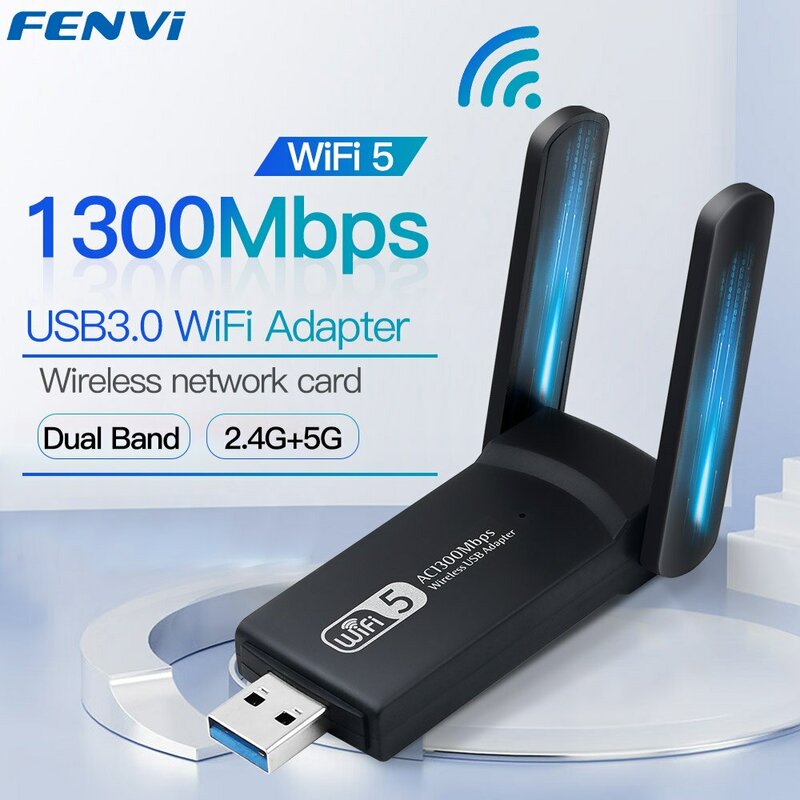 محول FENVI Mbps USB WiFi ثنائي النطاق بتقنية WiFi مزدوج النطاق Ghz/5Ghz هوائي لاسلكي WiFi Dongle USB جهاز استقبال
