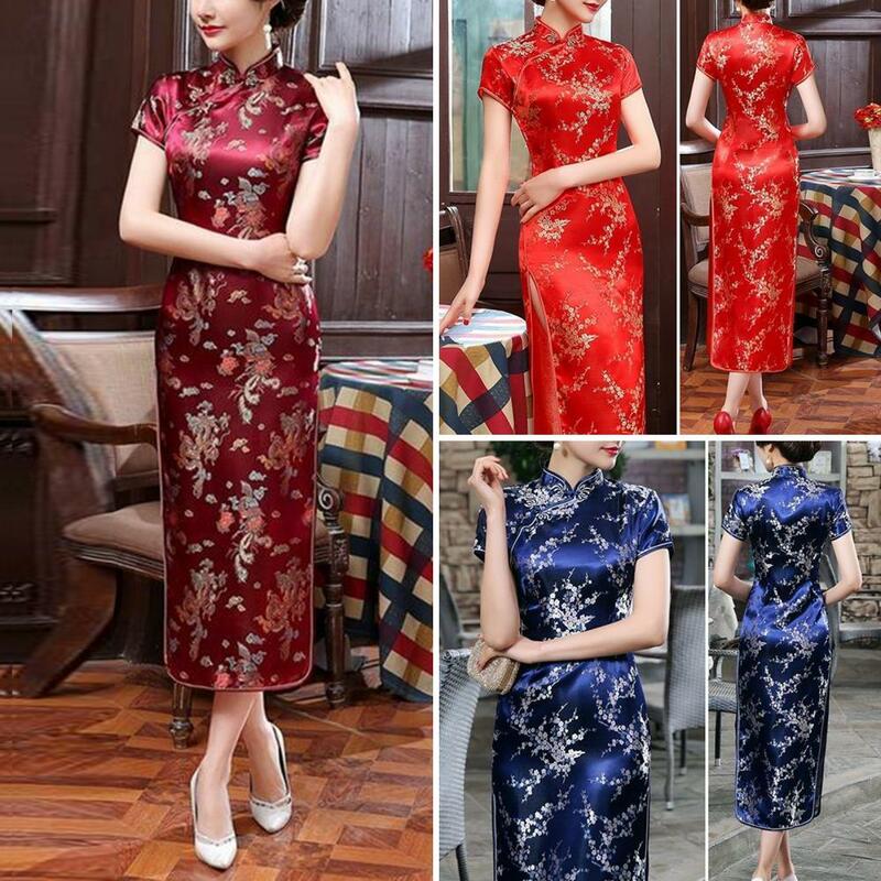 النمط الوطني الصيني الأزهار التطريز شيونغسام ، الوقوف طوق اللباس مع الجانب ، الرجعية فستان أنيق ، الصيف