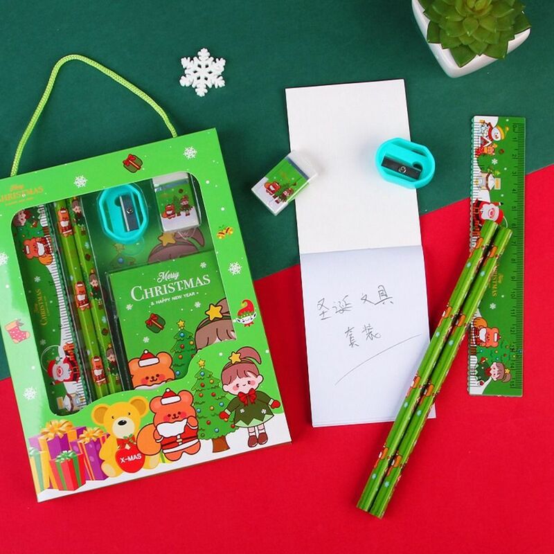 مجموعة القرطاسية عيد الميلاد للأطفال ، حاكم ، قلم رصاص ، ممحاة ، مبراة ، مجموعة لوحة مذكرة ، هدايا للطلاب ، 6 قطعة لكل مجموعة