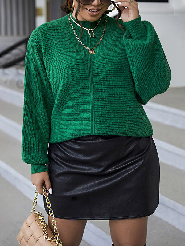 ONELINK الأخضر الداكن حجم كبير المرأة سترة طاقم الرقبة Solf الحياكة البلوز كم طويل فضفاض عادية مكتب ارتداء