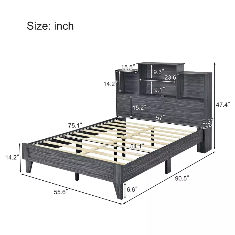 إطار سرير منصة تخزين كامل الحجم ، 4 أرفف تخزين مفتوحة ، تصميم شحن USB ، رمادي