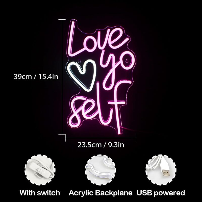 Love yo Self علامة نيون LED ديكور غرفة جدارية ، مصباح فني بحروف USB لحفل الزفاف ، المنزل ، البار ، غرفة النوم ، هدية عيد الميلاد ، ديكور الشعار