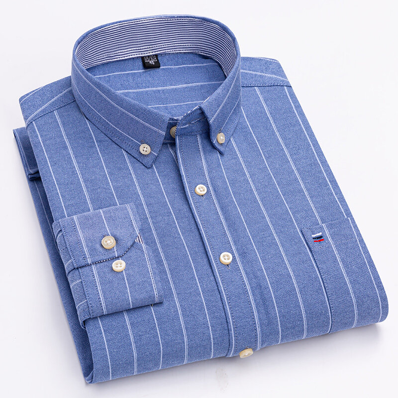 100% ٪ قطن أكسفورد الأبيض قمصان عادية للرجال أزرار طويلة الأكمام منقوشة قميص مخطط جيب الرجال قمصان حجم كبير 7XL kamas