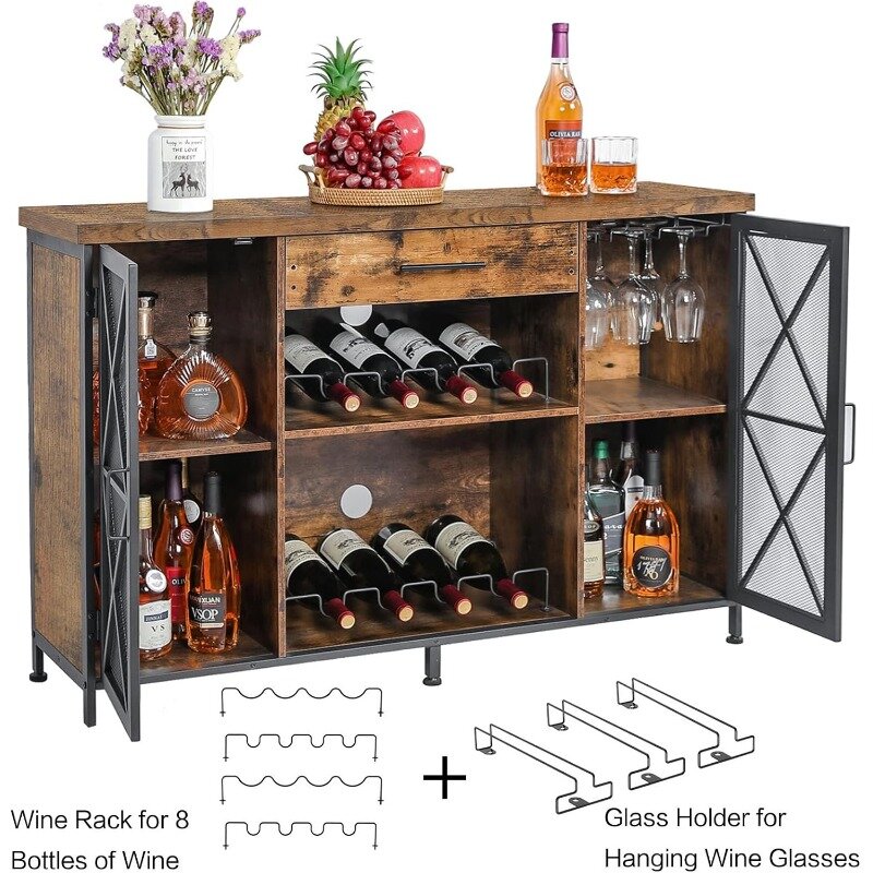 خزانة مع رف نبيذ وحامل زجاجي ، خزانة بوفيه جانبية للمشروبات الكحولية والنظارات ، قهوة المزرعة