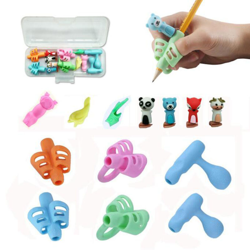 16 Pieces of Various Three-finger Silicone Pen Holder Beginner Writing Tools Baby Posture Correction Products with Pencil Case
