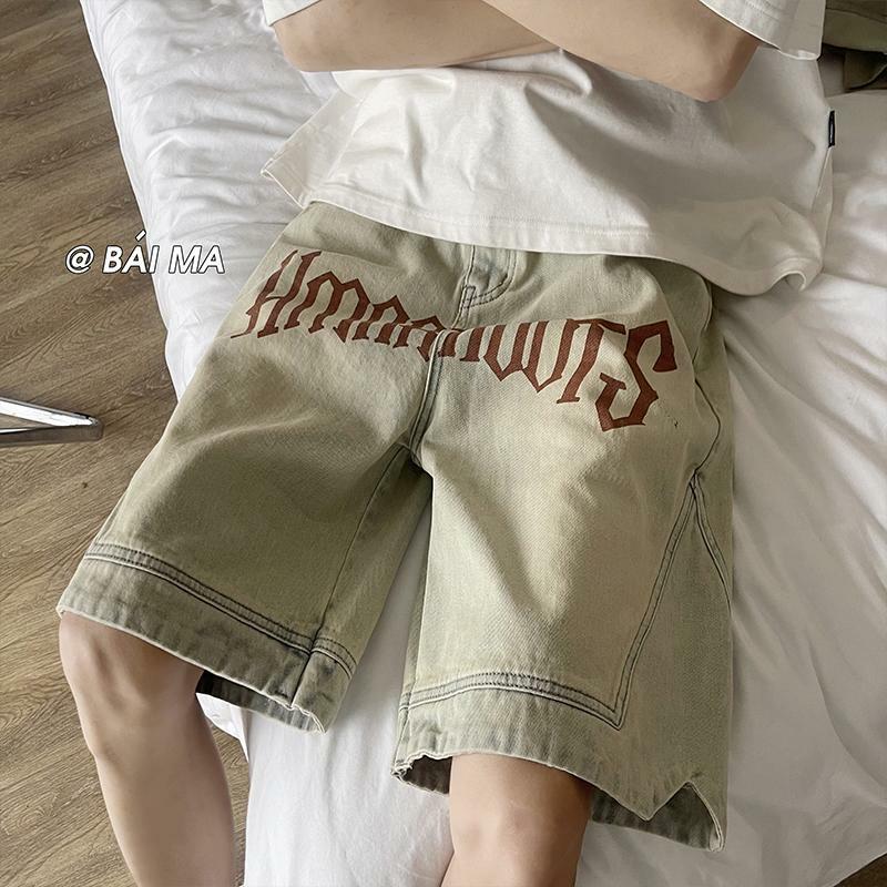 سراويل جينز قصيرة مستقيمة مخصصة للرجال والنساء ، الشارع في الولايات المتحدة ، بنطلون عصري للزوجين ، رسالة هيب هوب مطبوعة ، بنطلون كاجوال فضفاض ، Y2K