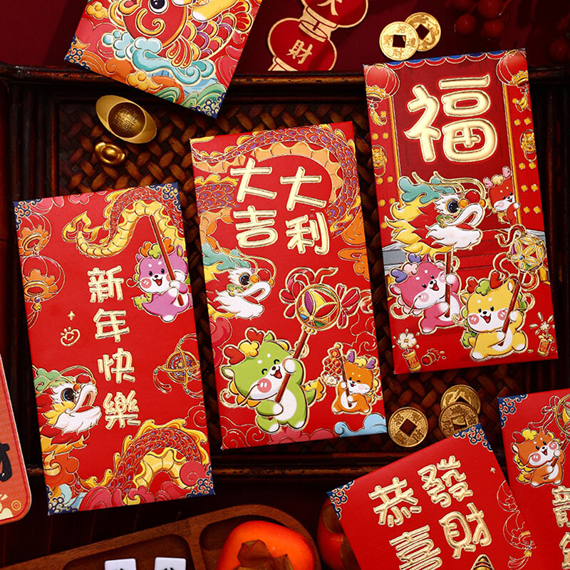 مغلف محظوظ للعام الصيني الجديد ، مغلف هدية تنين ، مغلف أحمر للسنة ، ديكورات جيب المال ، 6 صيحات