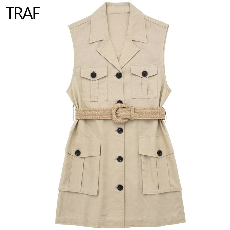 TRAF Sleeveless Mini Women's Dresses 2023 Summer Linen Dress Button-up and Belt Fashion Preppy Korean Style Female Mini Sundress