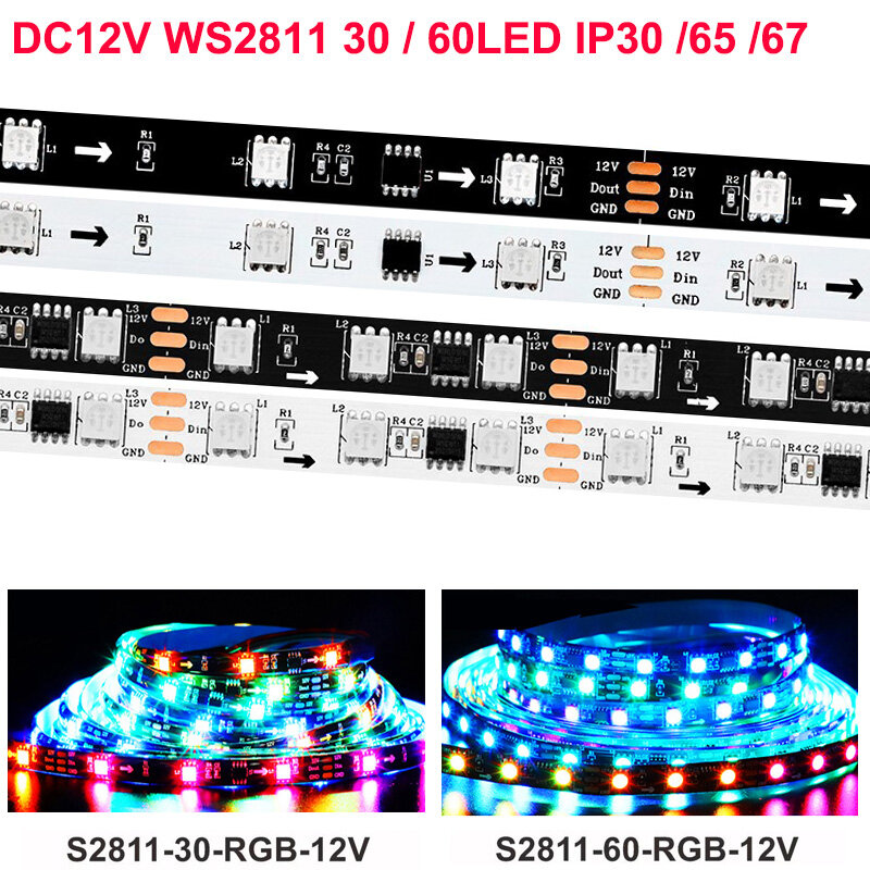 أضواء شريط LED قابلة للعنونة بشكل فردي ، WS2811 ، WS2812B ، WS2813 ، WS2815 ، 5050RGB ، 30 ، 60 ، بكسل ، مصابيح LED ، m ، أسود ، أبيض ، PDB ، DC 5V ، 12V