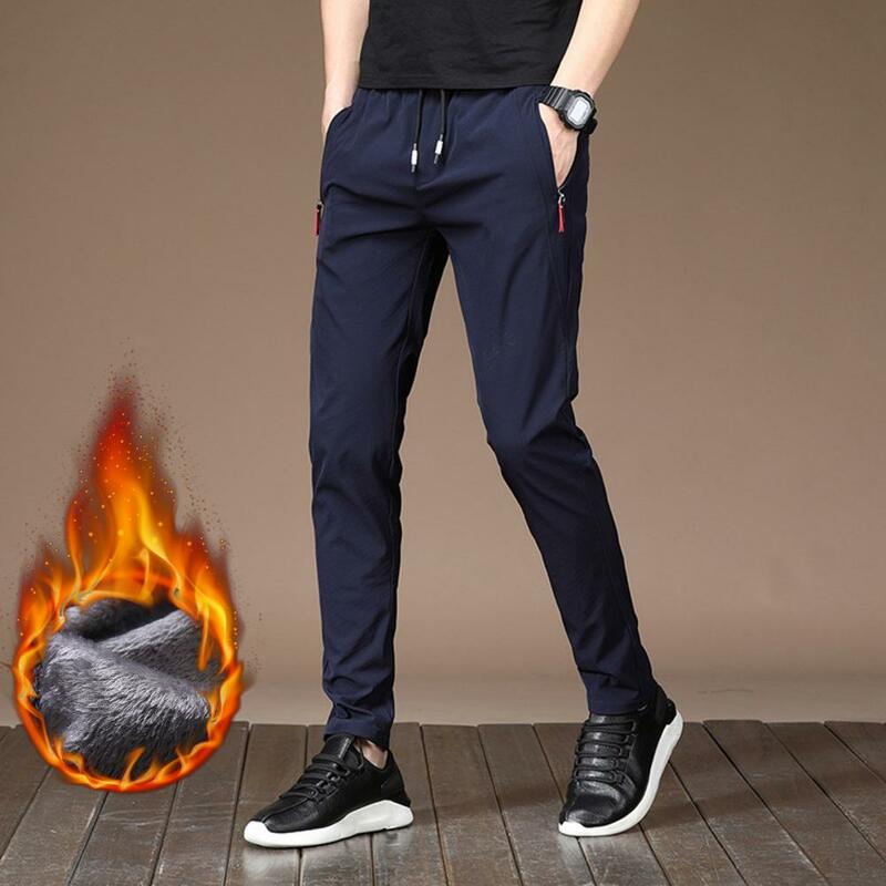 Men Trousers Solid Color Pocket Elastic Waist Plush Slim Fit Keep Warm Drawstring Mid Waist Men Sweatpants for Dating