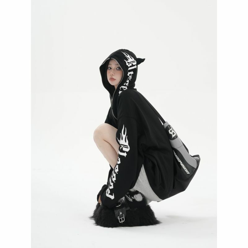 الأمريكية الرجعية الشيطان الزاوية إلكتروني طباعة هوديس المرأة سترة عالية الشارع معطف فضفاض غير رسمي أعلى Harajuku الجرونج Y2k الملابس