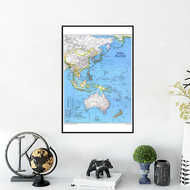 A2 حجم خريطة العالم قماش اللوحة المطبوعة جدار الفن خريطة آسيا المحيط الهادئ 1989 طبعة غرفة المعيشة المنزلي ورق حائط ديكور المنزل