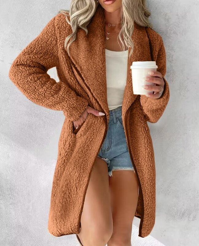 معطف نسائي طويل بأكمام كبيرة ، تجليد متباين ، تصميم جيب ، سترات صوفية غير رسمية ، الموضة ، الخريف ، الشتاء