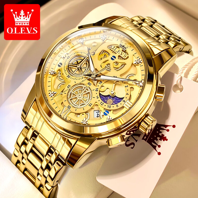ساعة أوليف-كوارتز ذهبية فاخرة للرجال ، فولاذ مقاوم للصدأ ، مقاومة للماء ، كرونوغراف بهيكل عظمي ، ساعات يد رجالية ، علامة تجارية مشهورة