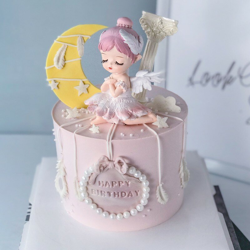 فتاة الأميرة كعكة عيد ميلاد توبر الديكور الوردي جميل الملاك الراتنج دمية حفلة عيد ميلاد الجمال الخبز الكعك ديكور