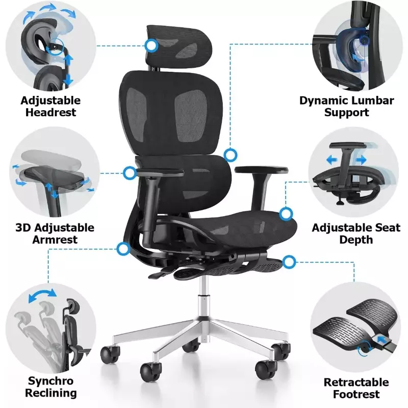 كرسي مكتب شبكي مع مساند ذراع قابلة للتعديل ، مريح ، مسند ظهر عالي ، سطح مكتب ، كمبيوتر ، ثلاثي الأبعاد ، عجلات