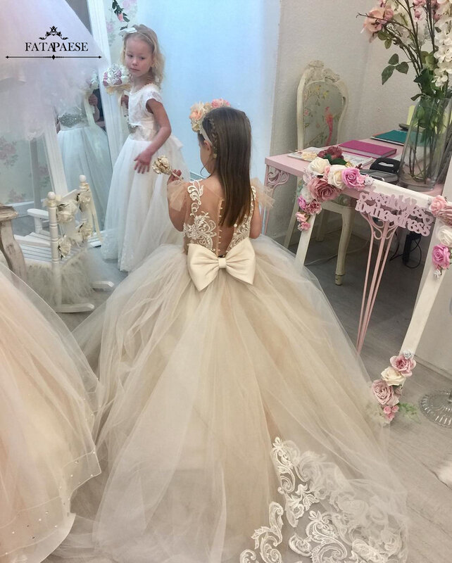 فساتين للبنات من FATAPAESE فستان منفوش الأميرة بدون أكمام Appqulies دانتيل تول زفاف ضيف حفلة سهرة للأطفال