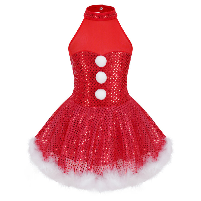 فستان توتو للتزلج على الجليد مزين بشبكة بدون أكمام مزين بالترتر اللامع لحفلات الراقصة على شكل ثلج كريسماس للفتيات والأطفال