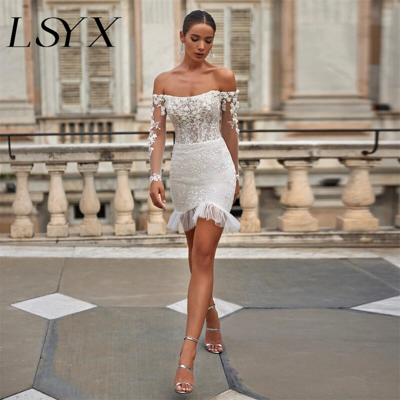 LSYX-فستان زفاف صغير للنساء ، غمد تول ، رقبة قارب ، أكمام طويلة ، ظهر مفتوح ، فوق الركبة ، فستان زفاف قصير ، مصنوع حسب الطلب