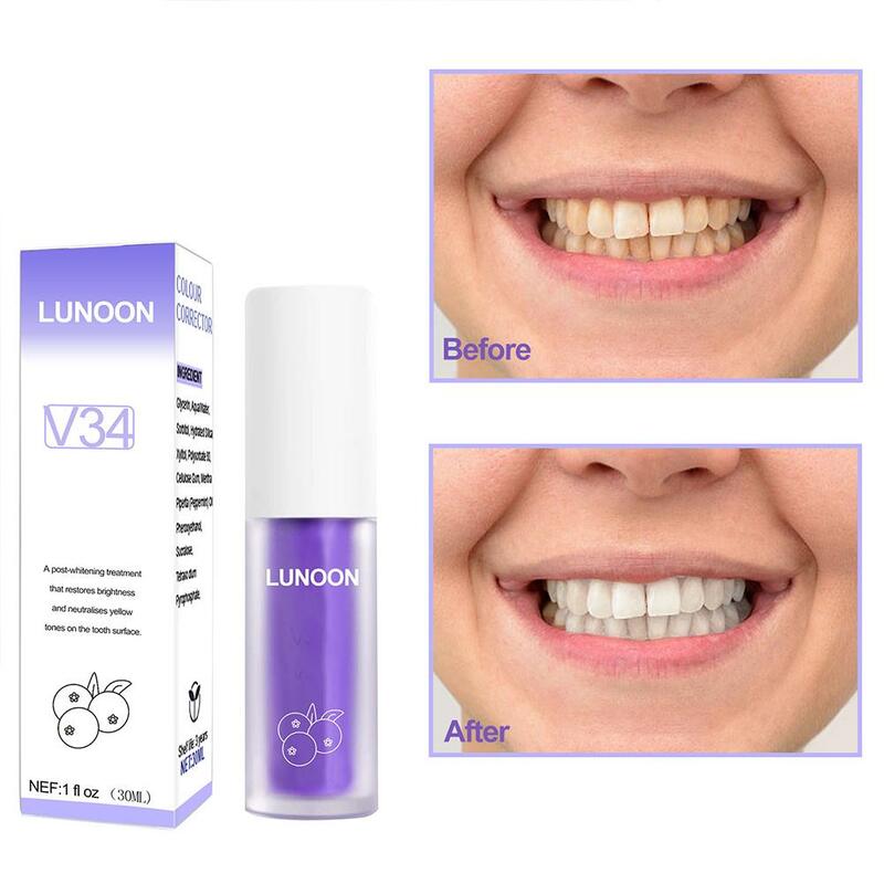 V34 الأرجواني تبييض الأسنان معجون الأسنان ، 30 مللي النظافة ، تنظيف الأسنان ، الأسنان الصفراء ، بقع الفم ، Rem B0B9 ، دروبشيب