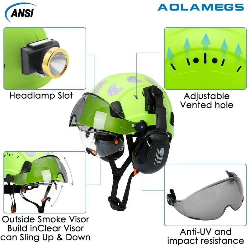 خوذة السلامة مع أقنعة بنيت في نظارات الأذن ملصقات الحد من الضوضاء للمهندس ABS قبعة صلبة ANSI قبعة العمل الصناعية