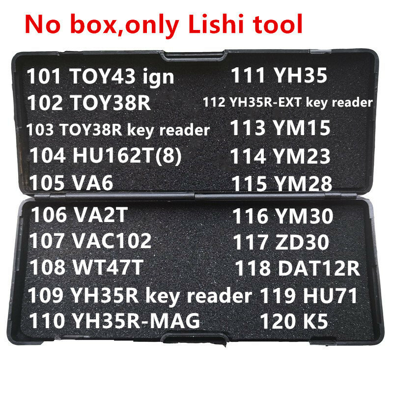 101-120 لا يوجد صندوق Lishi 2 في 1 2in1 أداة TOY43 TOY38R HU162T(8) VA6 VA2T VAC102 WT47T YH35R YM15 YM23 YM28 YM30 ZD30 HU71 K5 أدوات