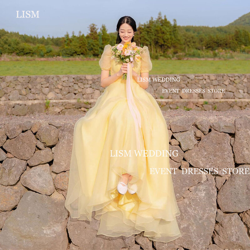فستان أورجانزا أصفر LISM ، فساتين حفلات زفاف ، ياقة مربعة ، نفخة خط ، قصير ، بلا أكمام ، فستان سهرة ، تصوير فوتوغرافي ، كوريا