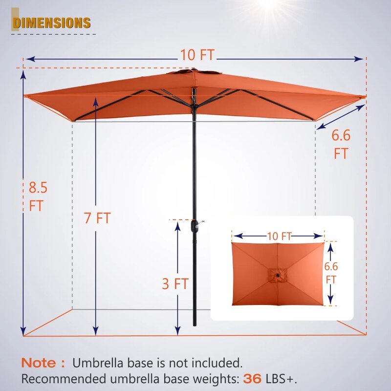 مستطيل الباحة مظلة الجدول ، في الهواء الطلق السوق ، 6 الأضلاع الصلب ومقبض كرنك ، البرتقال ، 10x6.6ft