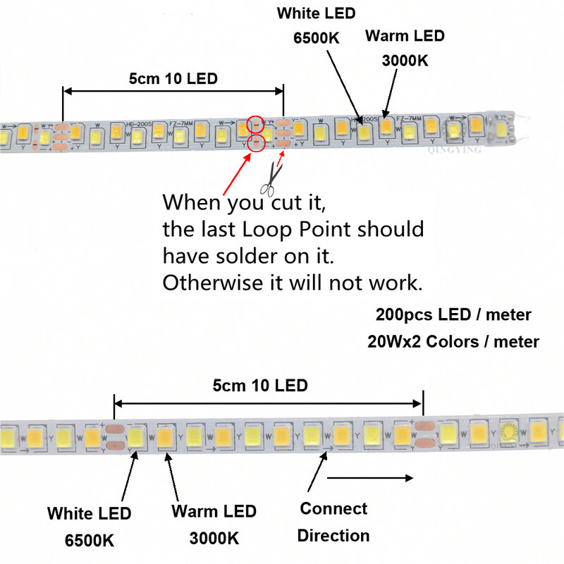 3 متر ثنائي اللون LED قطاع 2835 200LED/م 2Pin 3Pin ثابت الحالي مرنة الشريط 3000K 6500K (51-60 واط) x2Colors للثريا