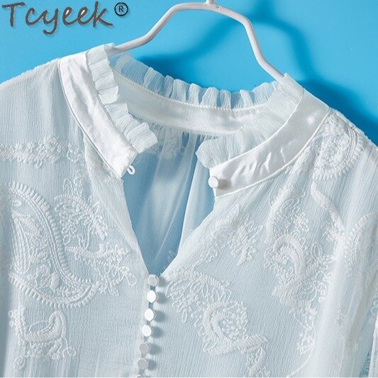 تي سييك-قميص حرير توت حقيقي للنساء ، قمة بيضاء ، قمصان أنيقة للنساء ، ملابس نسائية ، لون ، الربيع والصيف ، صلبة