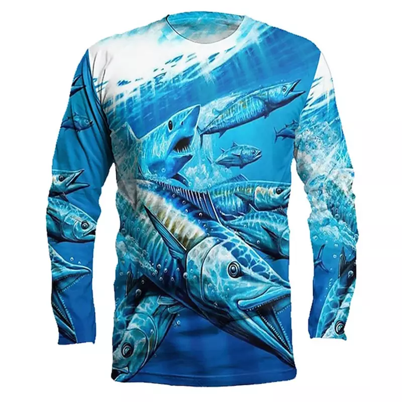 قميص بأكمام طويلة مع نمط أسماك ثلاثي الأبعاد تحت الماء ، أزياء كاجوال ، رقبة مستديرة ، يمنع لدغات البعوض للتخييم في الصيف