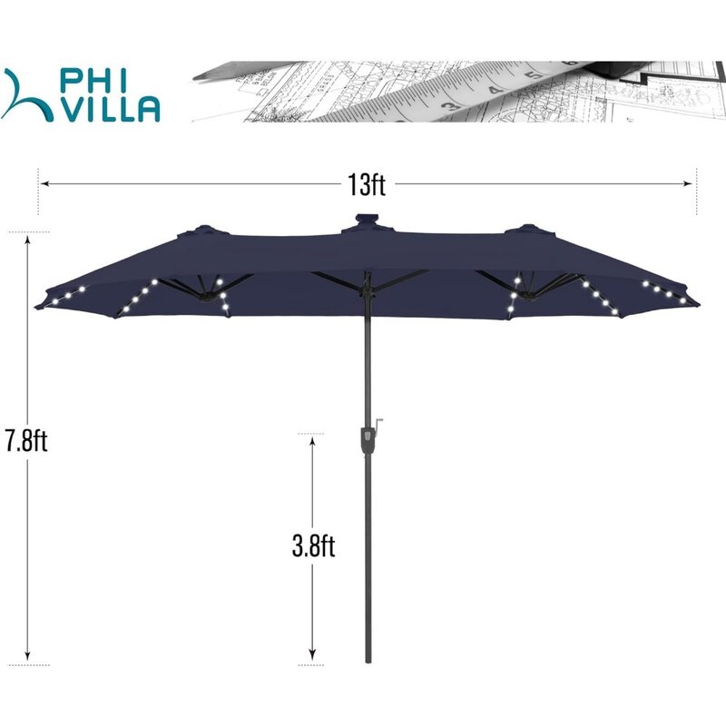 مظلة فناء كبيرة مع مصابيح شمسية ، سوق خارجي على الوجهين ، مستطيل ، صيحات LED ، 13 قدمًا