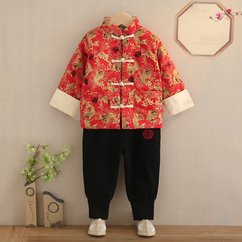 السنة الجديدة تانغ دعوى الملابس الصينية التقليدية للأطفال الطفل Hanfu 2 قطعة مجموعات القطن طويل الأكمام التطريز الشتاء صبي فتاة هدية
