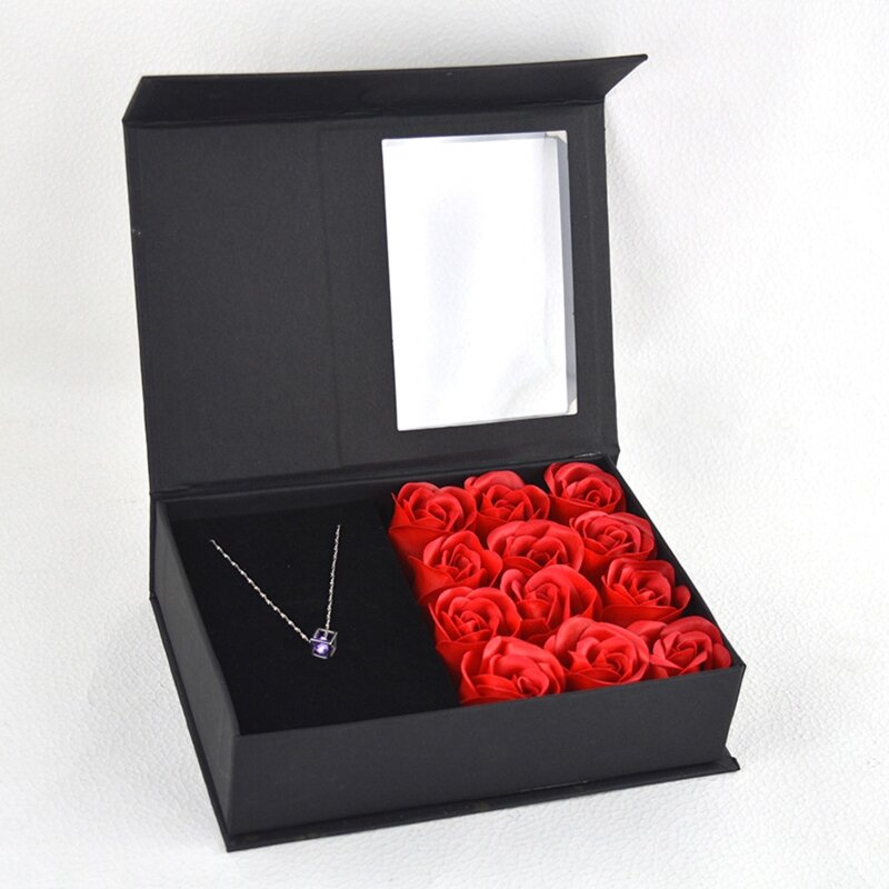 صندوق هدايا وحقيبة تغليف المجوهرات E0BF مع زهرة الورد المصنوعة يدويًا لعيد الحب