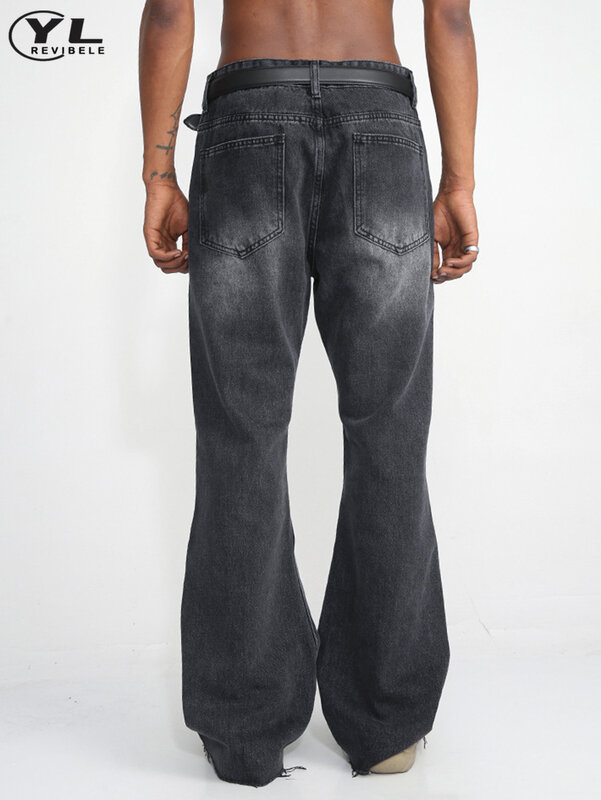 جينز أسود للرجال صغير القرن ، بنطلون جينز واسع الساق واسع مغسول ، تصميم سحّاب عتيق ، بنطلون مستقيم غير رسمي ، شارع مرتفع ، كوريا