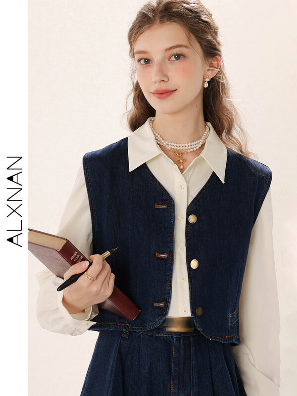ALXNAN-تنورة وقميص كلاسيكي للنساء ، تي شيرت طويل الأكمام بطية صدر ، صدرية أحادية الصدر ، طقم من ثلاث قطع ، TM00221 ، الخريف ،