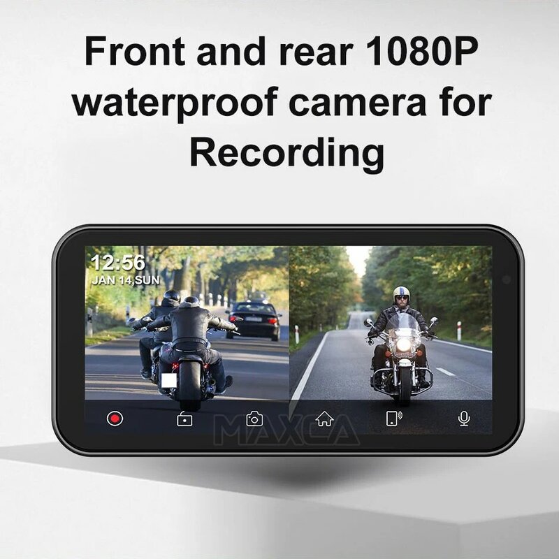 دراجة نارية مقاومة للماء IP67 كاميرا مزدوجة ، DVR ، HD1080P ، مشغل سيارة أبل لاسلكي ، أندرويد تلقائي