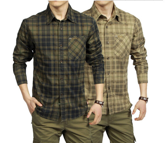 ربيع الخريف قميص الرجال عادية 100% قميص قطني بكم طويل camisetas masculinas قمصان مربعة النقش الجيش الأخضر الكاكي الملابس A0749