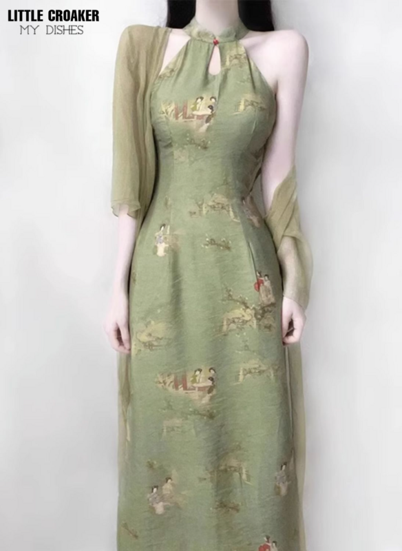 المرأة الجديدة تشيباو الصينية الملابس النسائية النمط القديم تحسين شيونغسام فتاة شابة الراقية مزاجه الأخضر العنق الصيف