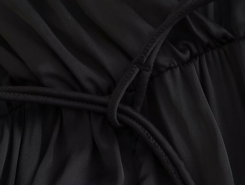 ديف & دي الفرنسية السيدات أنيقة الحرير موضة أسود اللون مطوي الحمالات بذلة النساء وزرة غير رسمية