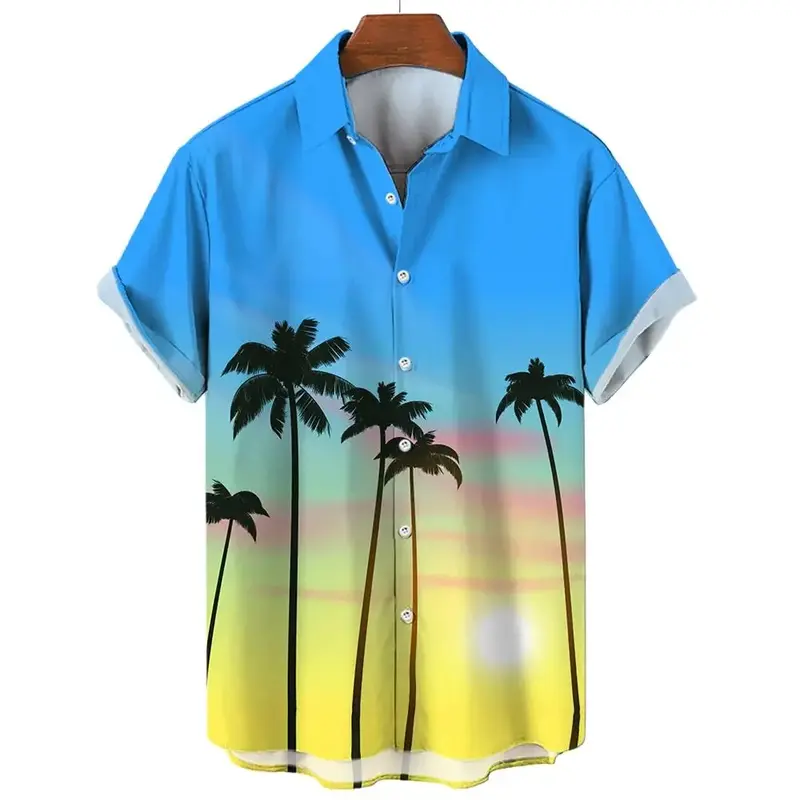 قميص هاواي بطية صدر قصيرة الأكمام للرجال ، نمط متدرج ، ياقة بأزرار ، قميص فضفاض غير رسمي للشارع ، الصيف
