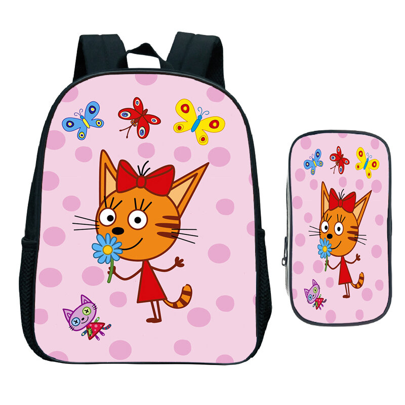ثلاث قطط كرتونية مع حقيبة أقلام رصاص للأطفال ، حقائب رياض الأطفال ، القطط الإلكترونية للأطفال الأولاد والبنات ، 2 طقم حقيبة ظهر