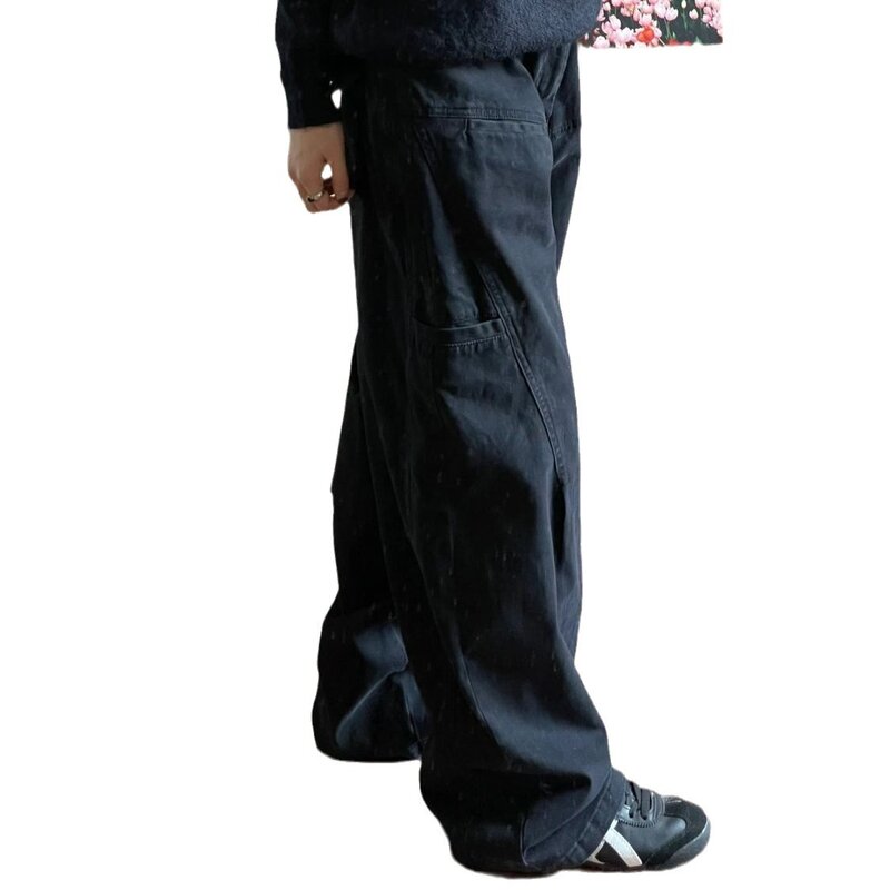 QWEEK-بنطال كارجو قوطي أسود عالي الخصر للنساء ، بنطلون مستقيم ، جينز واسع ، بنطلون مرقع كبير الحجم ، ملابس شارع غير رسمية ، عتيقة ، Y2K