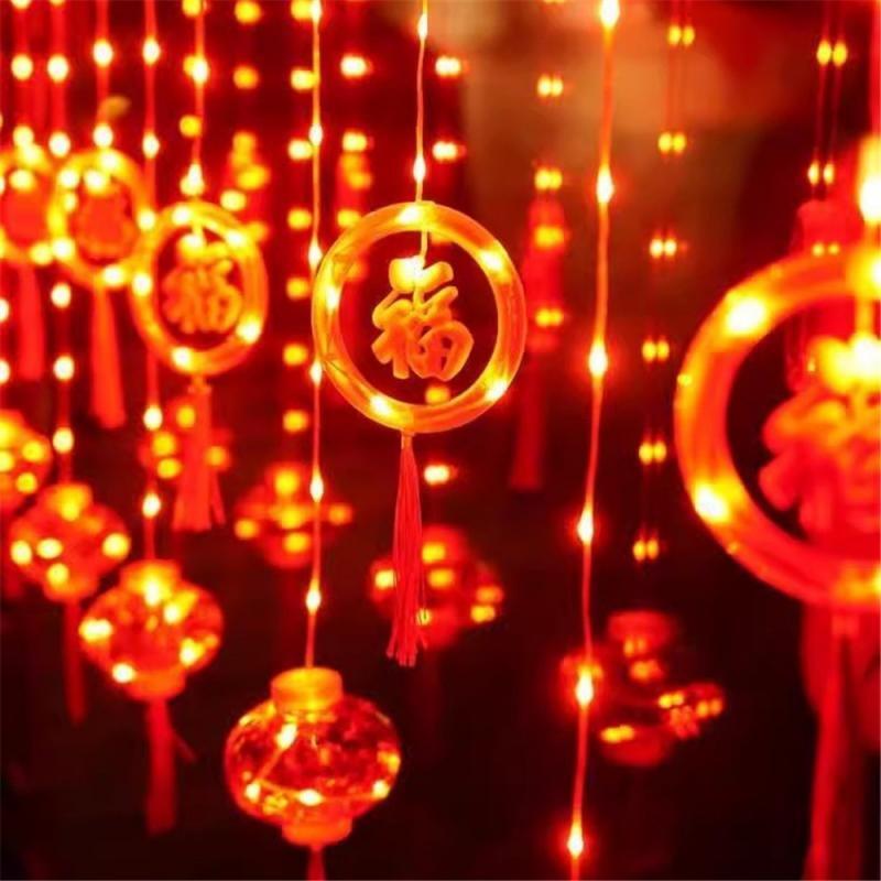أضواء ملونة صغيرة مع شخصيات محظوظة ، نمط رائع ، جو احتفالي ، منزلي ، سلسلة مصباح صيني ، احتفالي