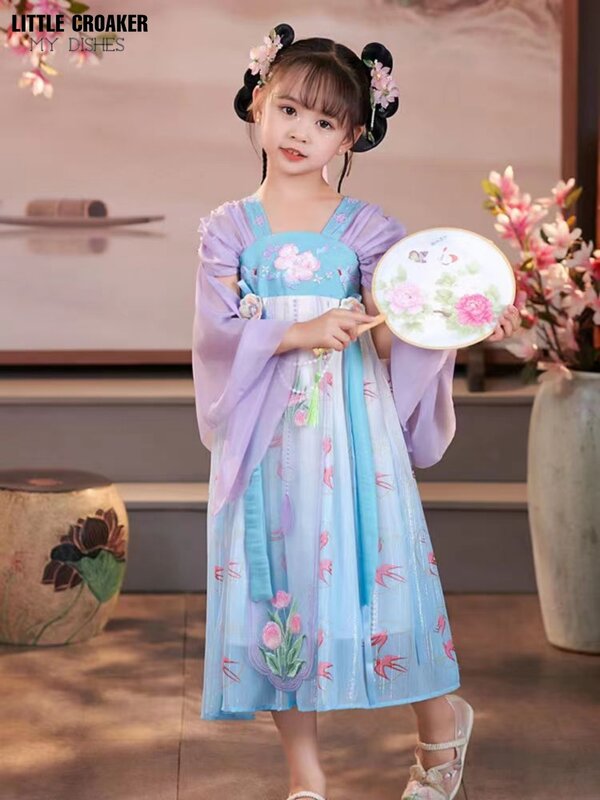 Hanfu تأثيري فستان للبنات ، كيمونو للأطفال ، هالوين زي للطفل ، قطعة واحدة