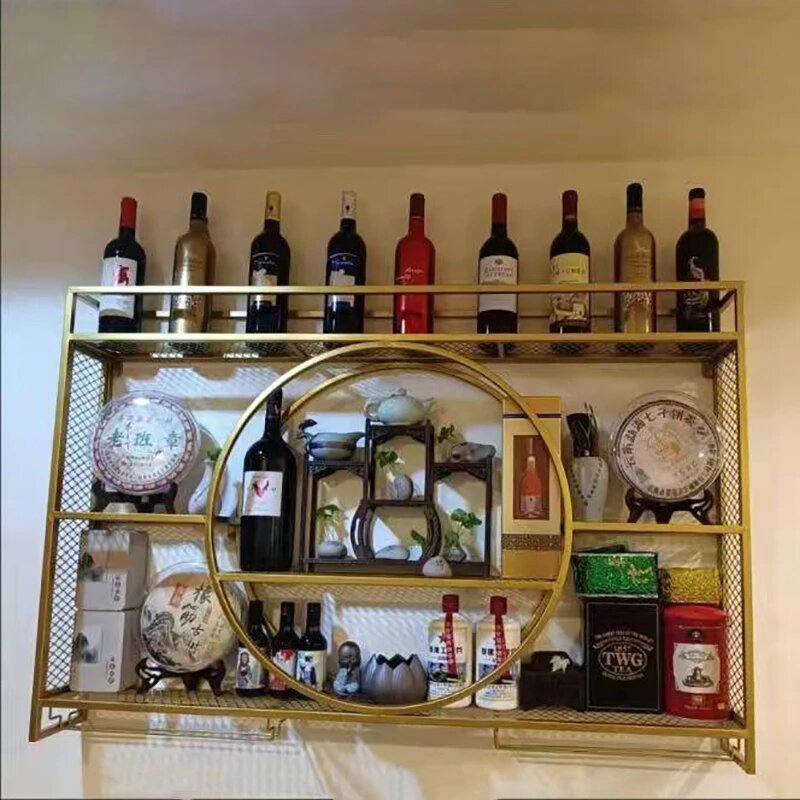 خزانة نبيذ عتيقة معلقة للمنزل ، شريط أحمر بسيط ، رف تخزين على الحائط ، حديد مطاوع ، عرض مطعم ، غرفة معيشة