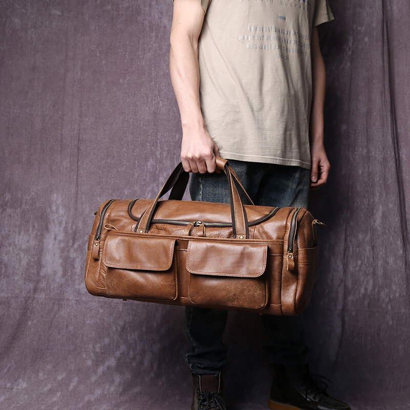 حقيبة سفر جلدية للرجال ، سعة كبيرة ، كلاسيكية ، مصنوعة من القديم ، الطبقة العلوية ، جلد البقر ، محمولة ، أمتعة مسافات قصيرة ، جديدة