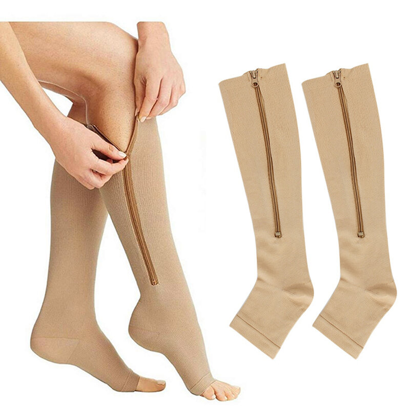 للجنسين ضغط الجوارب مع سستة مفتوحة اصبع القدم الركبة جوارب عالية الرجال النساء