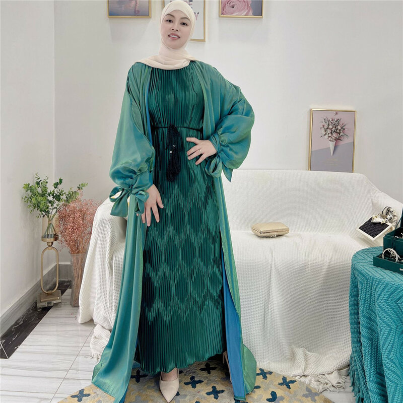 عباية مفتوحة دبي كيمونو للنساء ، أكمام منفوخة ناعمة ، فستان إسلامي تركي ، عبايات إسلامية ، الصيف